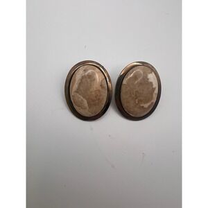 Vintage Bronze Tone Oval Marbled Stone Stud Statement Earrings Tan Cream Earthy